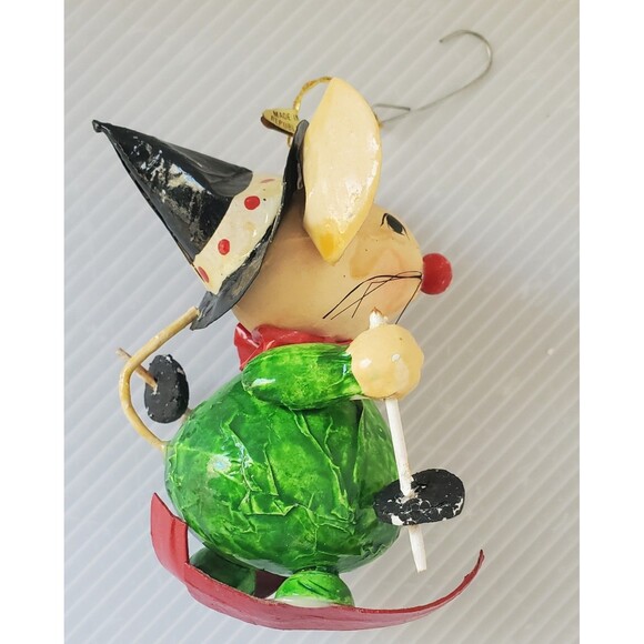 Vintage Christmas Ornament Paper Mache Witch Mouse On Skis Taiwan 1980s Folk Art - Picture 6 of 11